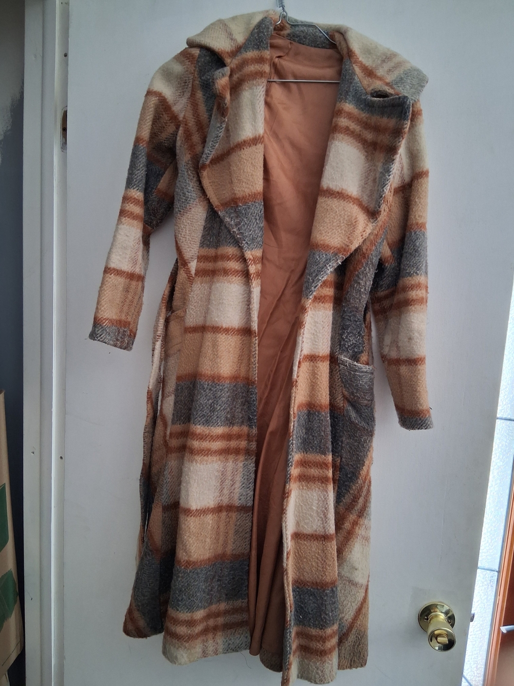 Plaid Trench Coat in Tan, Cream & Gray